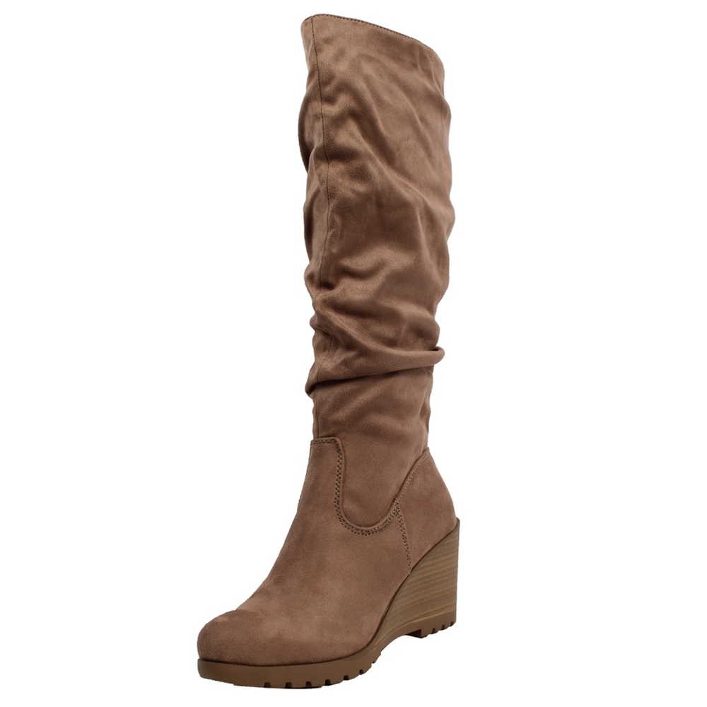 Taupe Faux Suede Slouchy Stacked Wedge Knee High - Picture 3 of 12